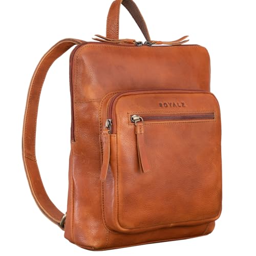 ROYALZ 'Carolina' Moderner Rucksack Damen klein Cityrucksack im Vintage Look - flacher Echtleder Lederrucksack Damen, Farbe:Texas Braun von ROYALZ