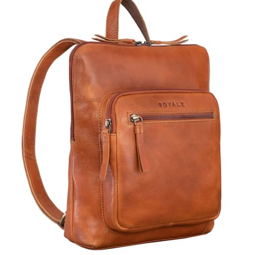 ROYALZ 'Carolina' Moderner Leder-Rucksack Damen Elegant Mittel-groß Cityrucksack im Vintage Look - flacher Echtleder Tagesrucksack Daypack Rucksackhandtasche aus Echtleder, Farbe:Texas Braun von ROYALZ