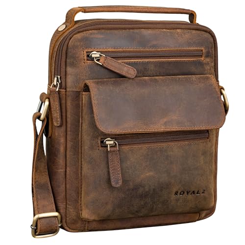 ROYALZ 'Chandler' moderne Handtasche Herren klein Leder mit Henkel - Männer Tasche zum Umhängen Umhängetasche Schultertasche Crossbody Messenger Bag viele Fächer Echtleder, Farbe:Nevada braun von ROYALZ