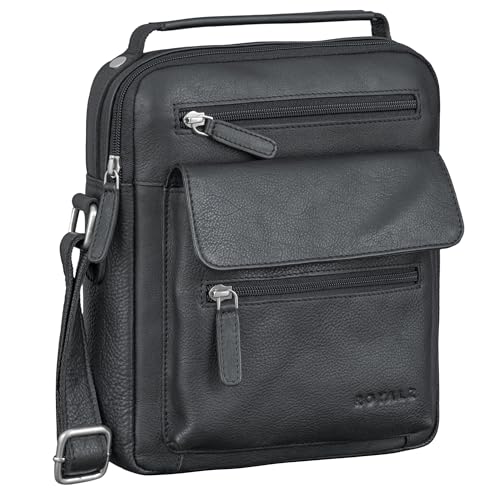 ROYALZ 'Chandler' moderne Handtasche Herren klein Leder mit Henkel - Männer Tasche zum Umhängen Umhängetasche Schultertasche Crossbody Messenger Bag viele Fächer Echtleder, Farbe:Schwarz von ROYALZ
