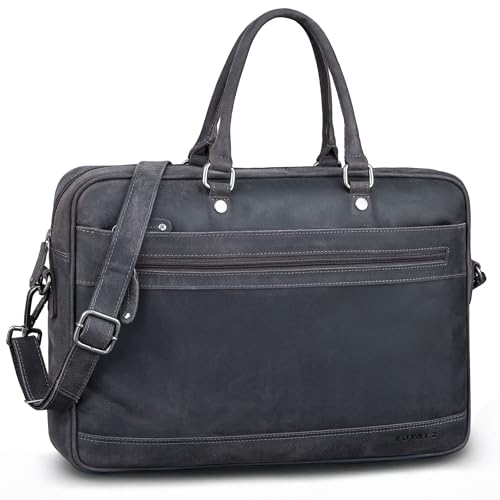 ROYALZ 'Charleston' Echtleder Aktentasche Herren/Damen Umhängetasche Leder groß modern - Business Laptoptasche 14-15.6 Zoll Ledertasche als Henkeltasche Schultertasche, Farbe:Navy Grau von ROYALZ