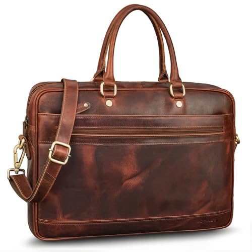 ROYALZ 'Charleston' Echtleder Aktentasche Herren/Damen Umhängetasche Leder groß modern - Business Laptoptasche 14-15.6 Zoll Ledertasche als Henkeltasche Schultertasche, Farbe:Roma Cognac Braun von ROYALZ