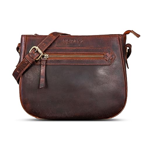 ROYALZ 'Cheyenne' Moderne kleine Umhängetasche Damen Leder Damenhandtaschen Echt-Leder Vintage Schultertasche klein, Farbe:Roma Cognac Braun von ROYALZ