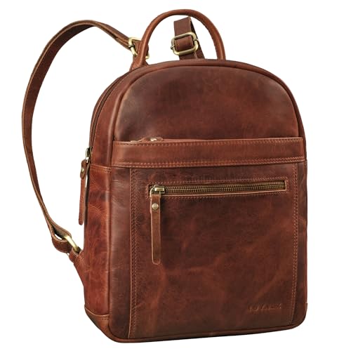 ROYALZ City Rucksack Damen klein Leder Tagesrucksack 'Delaware' moderne Vintage Rucksack-Handtasche Echtleder passend für DIN A5 Dokumente Daypack, Farbe:Roma Cognac Braun von ROYALZ