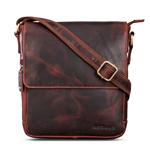 ROYALZ 'Cleveland' Vintage Leder Umhängetasche Herren Klein stilvolle Vintage Männer Schultertasche aus Echtleder, Farbe:Roma Cognac Braun von ROYALZ