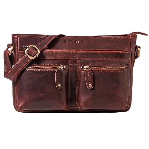 ROYALZ 'Dakota' Vintage Schultertasche Damen Leder kleine Umhängetasche Crossbody Bag - Umhänge Ledertasche Handtasche Damentasche Echt-Leder Elegant, Farbe:Roma Cognac Braun von ROYALZ