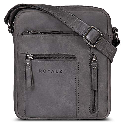ROYALZ 'Dallas' Kleine Umhängetasche Herren Leder - Männer Schultertasche Echtleder im Vintage Look - Mini Ledertasche ideal für Alltag und Freizeit, Farbe:Navy Grau von ROYALZ