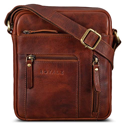 ROYALZ 'Dallas' Kleine Umhängetasche Herren Leder Vintage Look Echtleder Männer Ledertasche Mini Schultertasche Herrenhandtasche Messanger Bag, Farbe:Roma Cognac Braun von ROYALZ