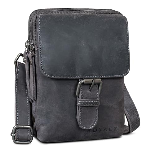 ROYALZ "Dalton 3-in-1 kleine Umhängetasche Herren Echtleder - als Gürteltasche Schultertasche oder Handytasche - Multifunktionale Mini Tasche Leder für Männer;Farbe:Navy Grau von ROYALZ