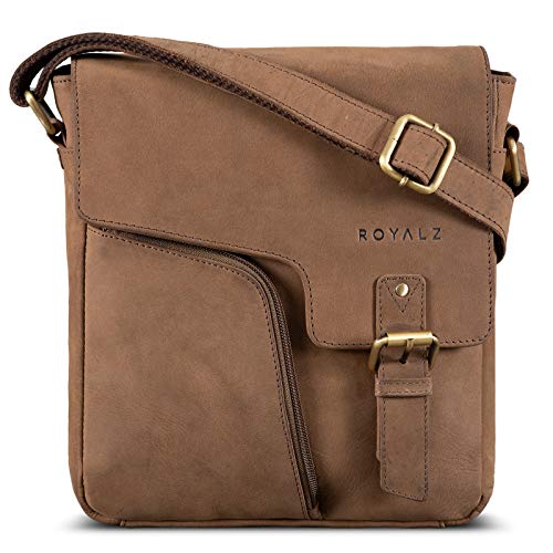 ROYALZ 'Denver' Vintage Ledertasche Herren Klein Männer Schultertasche Messenger Bag Herrenhandtasche Umhängetasche für 10.1 Zoll Tablet iPad, Farbe:Montana Braun von ROYALZ