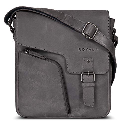 ROYALZ 'Denver' Vintage Ledertasche Herren Klein Männer Schultertasche Messenger Bag Herrenhandtasche Umhängetasche für 10.1 Zoll Tablet iPad, Farbe:Navy Grau von ROYALZ