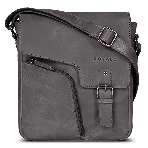 ROYALZ Moderne Vintage Umhängetasche Herren klein Leder 'Denver' kleine Ledertasche Echtleder Herrentasche zum Umhängen Schultertasche für Alltag Freizeit Arbeit, Farbe:Navy Grau von ROYALZ