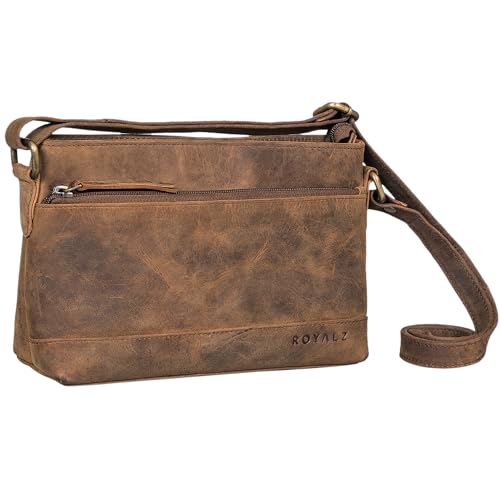 ROYALZ Echtleder Vintage Handtasche Damen Umhängetasche 'Minnesota' Moderne Schultertasche Leder klein Lederhandtasche Elegant Clutch Tasche, Farbe:Nevada braun von ROYALZ