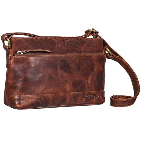 ROYALZ Echtleder Vintage Handtasche Damen Umhängetasche 'Minnesota' Moderne Schultertasche Leder klein Lederhandtasche Elegant Clutch Tasche, Farbe:Roma Cognac Braun von ROYALZ
