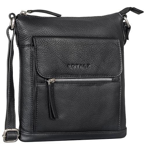ROYALZ 'Florence' Moderne flache Lederhandtasche Damen Echtleder klein Umhängetasche flach elegante Vintage Handtasche Schultertasche, Farbe:Schwarz von ROYALZ