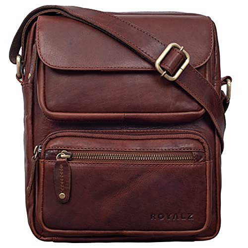 ROYALZ 'Florida' Schultertasche Herren Klein Leder Vintage Look Kleine Umhängetasche Männer mini Messenger Bag Ledertasche, Farbe:Roma Cognac Braun von ROYALZ