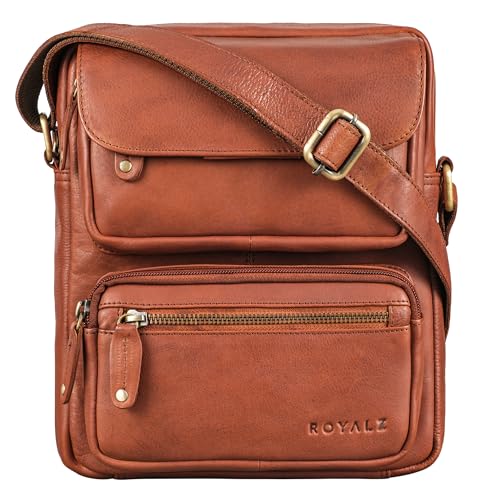 ROYALZ 'Florida' Schultertasche Herren Klein Leder Vintage Look Kleine Umhängetasche Männer mini Messenger Bag Ledertasche, Farbe:Texas Braun von ROYALZ