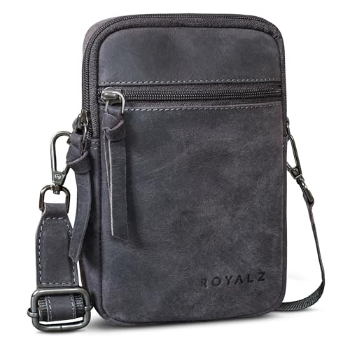 ROYALZ "Gilbert 3-in-1 Umhängetasche Herren Klein Leder - Multifunktionale Tasche klein als Gürteltasche Schultertasche und Handytasche - kleine Ledertasche zum Umhängen;Farbe:Navy Grau von ROYALZ