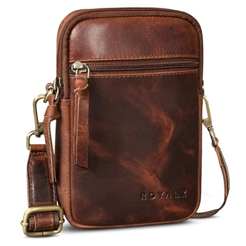 ROYALZ "Gilbert 3-in-1 Umhängetasche Herren Klein Leder - Multifunktionale Tasche klein als Gürteltasche Schultertasche und Handytasche - kleine Ledertasche zum Umhängen;Farbe:Roma Cognac Braun von ROYALZ