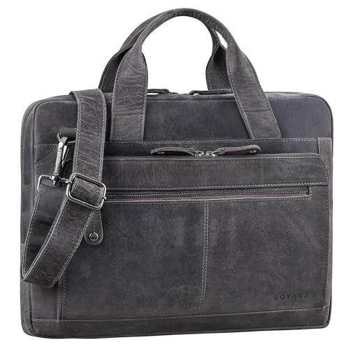 ROYALZ 'Houston' flache Leder Umhängetasche Herren Damen Mittel-groß - moderne Vintage Ledertasche 14-15 Zoll Laptoptasche Echtleder Business Aktentasche Büro Freizeit, Farbe:Navy Grau von ROYALZ