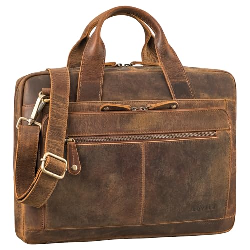 ROYALZ 'Houston' flache Leder Umhängetasche Herren Damen Mittel-groß - moderne Vintage Ledertasche 14-15 Zoll Laptoptasche Echtleder Business Aktentasche Büro Freizeit, Farbe:Nevada braun von ROYALZ