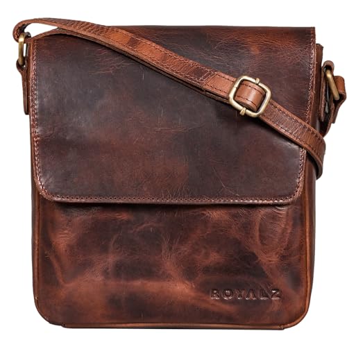 ROYALZ 'Illinois' Herrentasche zum Umhängen klein Leder Umhängetasche Herren Messenger Bag Vintage Ledertasche Schultertasche Handtasche Echtleder, Farbe:Roma Cognac Braun von ROYALZ