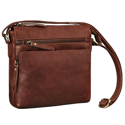 ROYALZ 'Michigan' Kleine Echtleder Umhängetasche Damen - Vintage Leder Handtasche für Frauen - Ledertasche klein perfekt als Ausgehtasche Freizeittasche City Freizeit, Farbe:Roma Cognac Braun von ROYALZ