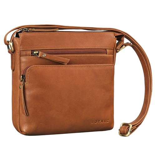 ROYALZ 'Michigan' Kleine Echtleder Umhängetasche Damen - Vintage Leder Handtasche für Frauen - Ledertasche klein perfekt als Ausgehtasche Freizeittasche City Freizeit, Farbe:Texas Braun von ROYALZ