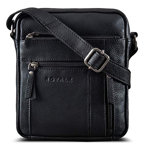 ROYALZ 'Dallas' Kleine Umhängetasche Herren Leder - Männer Schultertasche Echtleder im Vintage Look - Mini Ledertasche ideal für Alltag und Freizeit, Farbe:Schwarz von ROYALZ