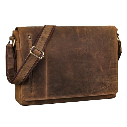 ROYALZ Leder Umhängetasche 'New Jersey' Premium Büffel-Leder - Ledertasche Laptop Fach 13 bis 15.6 Zoll groß ideal als Aktentasche Freizeittasche Echtleder Damen & Herren, Farbe:Nevada braun von ROYALZ