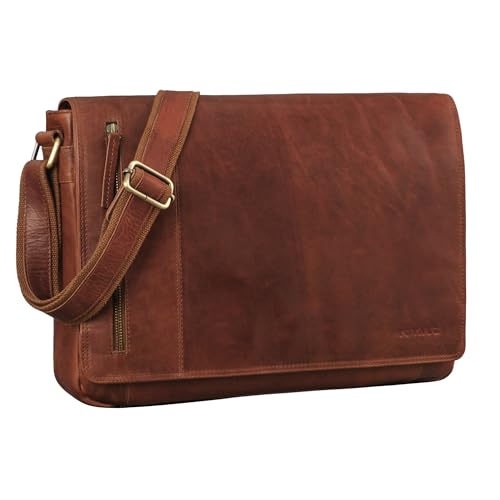 ROYALZ Leder Umhängetasche 'New Jersey' Premium Büffel-Leder - Ledertasche Laptop Fach 13 bis 15.6 Zoll groß ideal als Aktentasche Freizeittasche Echtleder Damen & Herren, Farbe:Roma Cognac Braun von ROYALZ
