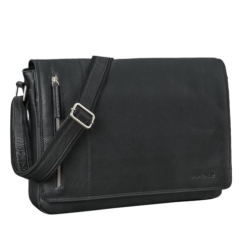 ROYALZ Leder Umhängetasche 'New Jersey' Premium Büffel-Leder - Ledertasche Laptop Fach 13 bis 15.6 Zoll groß ideal als Aktentasche Freizeittasche Echtleder Damen & Herren, Farbe:Schwarz von ROYALZ