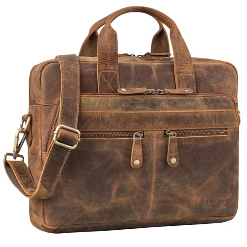 ROYALZ 'Lexington' Leder Aktentasche Herren & Damen Arbeitstasche Mittel-Groß Laptoptasche 13-14.5 Zoll zum Umhängen - Vintage Ledertasche aus echtem Büffel-Leder, Farbe:Nevada braun von ROYALZ