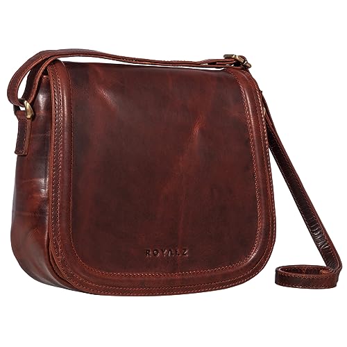 ROYALZ 'Maryland' Vintage Leder Handtasche Frauen Mittel-groß - elegante Schultertasche Damen Echtleder - Vintage Ledertasche perfekt für Freizeit Ausgehen City Ausflüge, Farbe:Roma Cognac Braun von ROYALZ