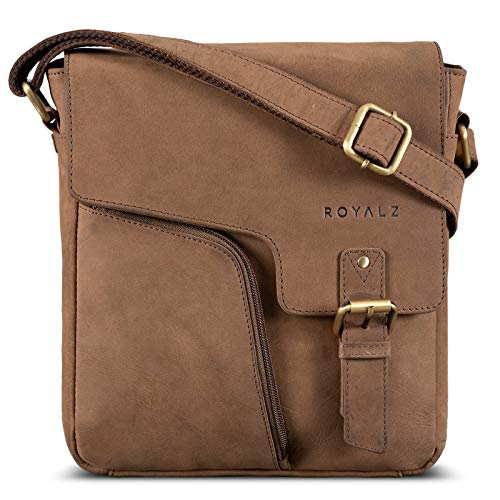 ROYALZ Moderne Vintage Umhängetasche Herren klein Leder 'Denver' kleine Ledertasche Echtleder Herrentasche zum Umhängen Schultertasche für Alltag Freizeit Arbeit, Farbe:Montana Braun von ROYALZ