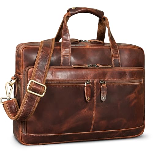ROYALZ "Anderson Business Umhängetasche Leder Herren & Damen Gross - Echtleder Laptoptasche 15.6 Zoll - Vintage Aktentasche mit Trolleyfunktion - Bürotasche Organizer;Farbe:Roma Cognac Braun von ROYALZ
