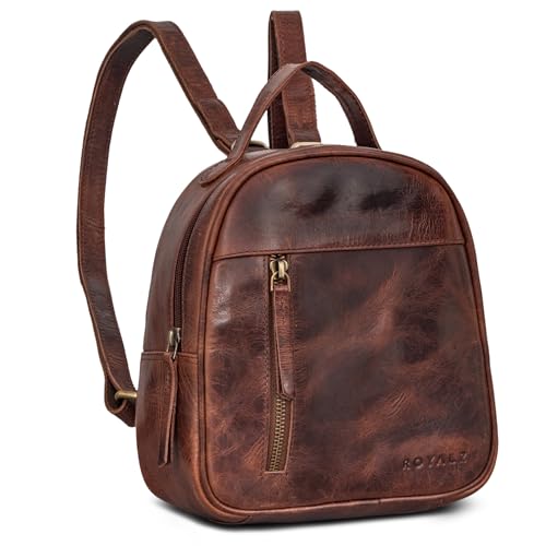 ROYALZ 'Olympia' Lässiger Kleiner Lederrucksack Damen Echtleder im Vintage Look - Eleganter Mini Rucksack perfekt als Tagesrucksack Cityrucksack Rucksackhandtasche, Farbe:Roma Cognac Braun von ROYALZ