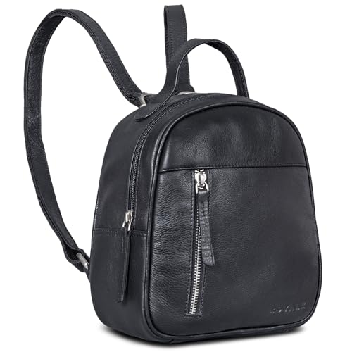 ROYALZ 'Olympia' Lässiger Kleiner Lederrucksack Damen Echtleder im Vintage Look - Eleganter Mini Rucksack perfekt als Tagesrucksack Cityrucksack Rucksackhandtasche, Farbe:Schwarz von ROYALZ