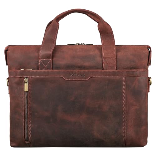 ROYALZ 'Seattle' Businesstasche Herren Leder Vintage Look flache Laptoptasche 15,6 Zoll Umhängetasche mit Trolley Halter, Farbe:Ohio Braun von ROYALZ