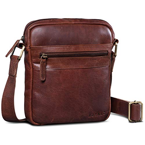 ROYALZ 'Trenton' Kompakte Herren Umhängetasche Leder Klein - Alltagstasche im stilvollen Vintage Design Seitentasche Männer-Tasche Schultertasche Ledertasche zum Umhängen, Farbe:Roma Cognac Braun von ROYALZ