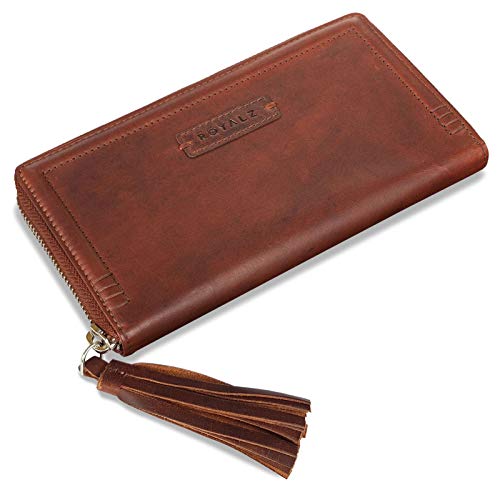 ROYALZ 'Iris' Vintage Geldbeutel Damen Groß Leder Portemonnaie 12 Kartenfächer RFID Blocker Echtleder XXL Brieftasche Portmonee lang flach Geldbörse viele Fächer, Farbe:Roma Cognac Braun von ROYALZ