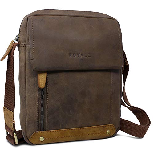 ROYALZ 'Idaho' Moderne Kleine Umhängetasche Herren Leder Männer Handtasche Vintage 10 Zoll Tablet leichte Ledertasche viele Fächer schmal Mini Messenger Bag, Farbe:Montana Braun von ROYALZ