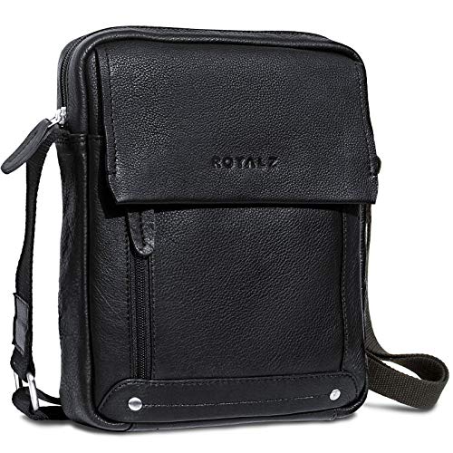 ROYALZ 'Idaho' Moderne Kleine Umhängetasche Herren Leder Männer Handtasche Vintage 10 Zoll Tablet leichte Ledertasche viele Fächer schmal Mini Messenger Bag, Farbe:Schwarz von ROYALZ