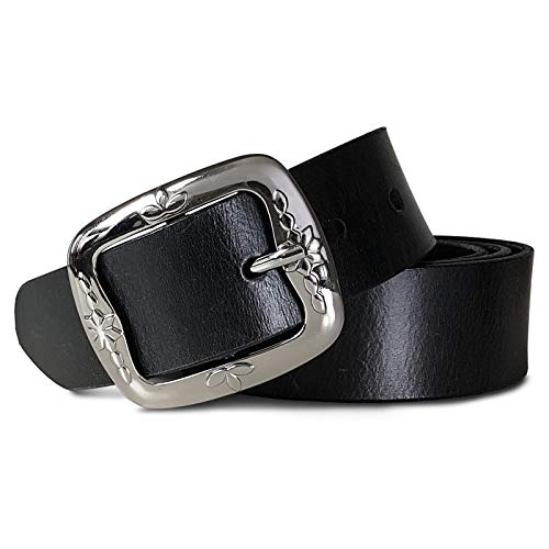 ROYALZ Vintage Ledergürtel für Damen aus Büffel-Leder 38mm breit Jeans-Gürtel Damen kürzbar Voll-Leder, Größe:100, Farbe:Schwarz - Schnalle Floral glänzend von ROYALZ