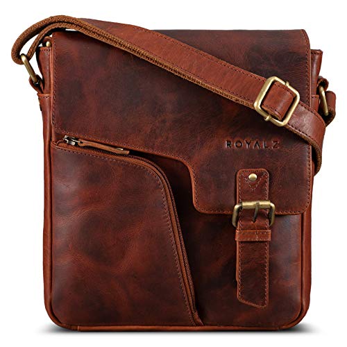 ROYALZ 'Denver' Vintage Ledertasche Herren Klein Männer Schultertasche Messenger Bag Herrenhandtasche Umhängetasche für 10.1 Zoll Tablet iPad, Farbe:Roma Cognac Braun von ROYALZ