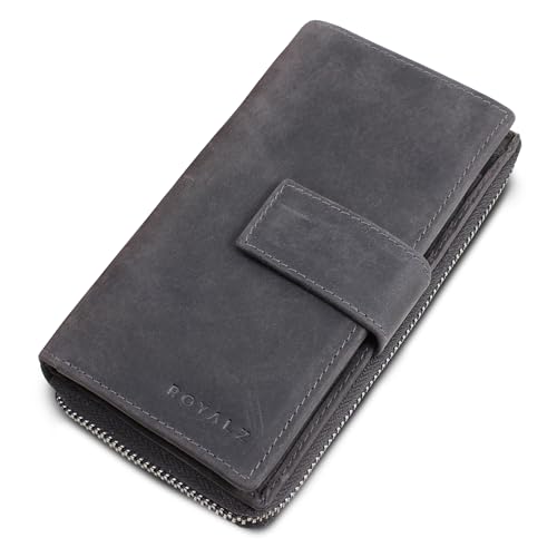 ROYALZ 'Viola' Elegante Damen Geldbörse Leder groß Echtleder - langes Portemonnaie mit 10 Kartenfächer und RFID Schutz - Vintage Design Geldbeutel mit vielen Fächern, Farbe:Navy Grau ROYALZ 'Viola' Elegante Damen Geldbörse Leder groß Echtleder - langes Portemonnaie mit 10 Kartenfächer und RFID Schutz - Vintage Design Geldbeutel mit vielen Fächern, Farbe:Navy Grau von ROYALZ