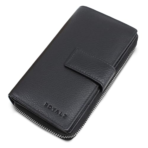 ROYALZ 'Viola' Elegante Damen Geldbörse Leder groß Echtleder - langes Portemonnaie mit 10 Kartenfächer und RFID Schutz - Vintage Design Geldbeutel mit vielen Fächern, Farbe:Schwarz von ROYALZ