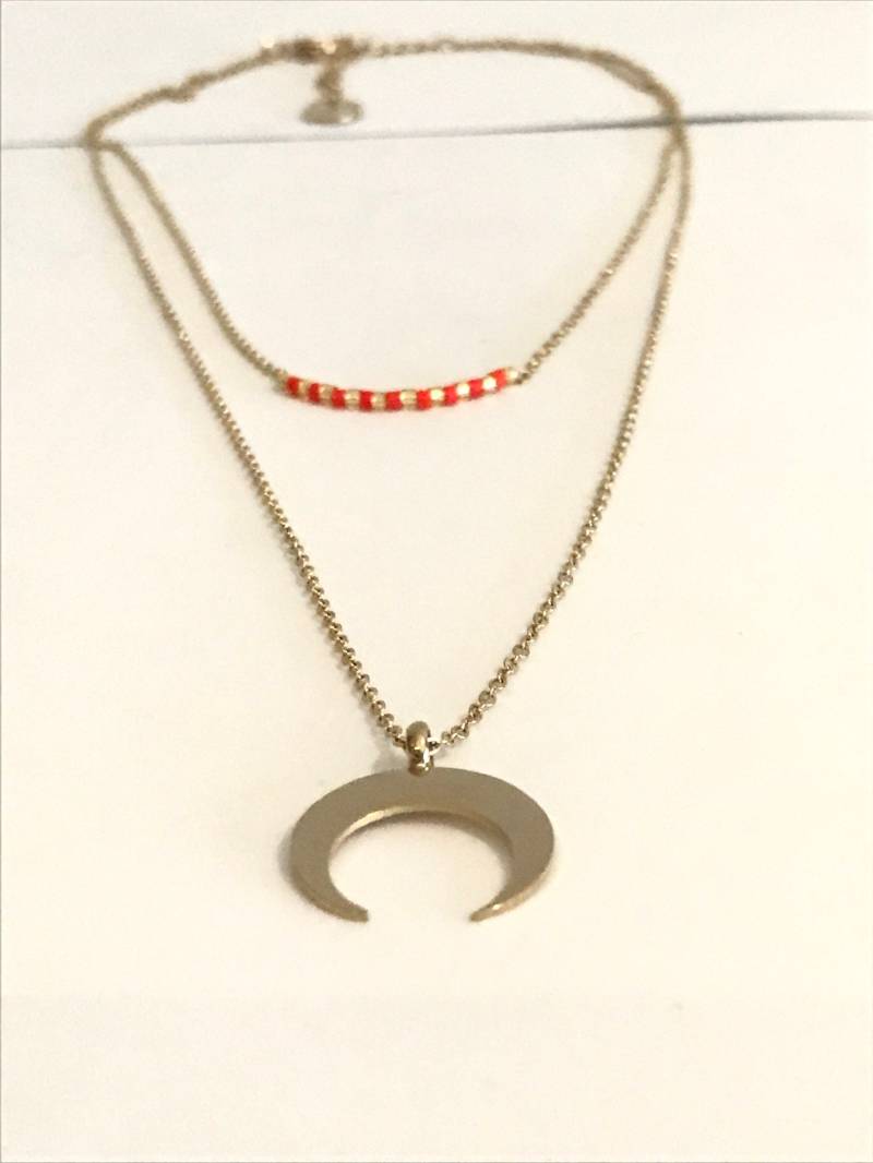 Upsidedown Mond, Doppelte Kette Mit Rot Und Gold Perlen, Halbmond Halskette, Horn Astrologie Schmuck von ROYALcraftPT