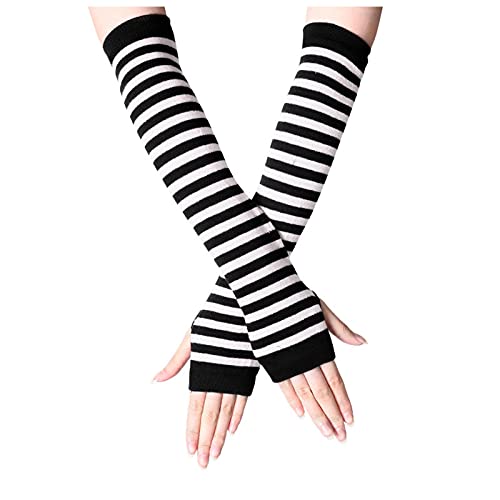 ROYIYI Damen Langer Armwärmer im Punk-,Gothic- und Rock-Stil, Elastisch Fingerlose Flagge Drucke Stoff Arm lange Streifen Strick Handschuhe Warmers One Size (Weiß, One Size) von ROYIYI