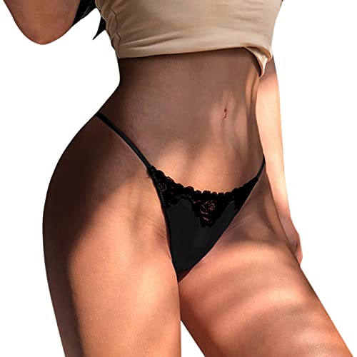 ROYIYI Damen Tanga Spitze Tanga Panties Slip T-Back Strings Sexy G-String Spitzen Blumen Stringtangas Einfarbig Höschen Unterwäsche Lingerie Sexy Dessous Frauen Hipster Panties, Schwarz, M von ROYIYI